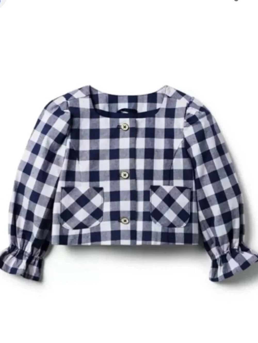 NWT Janie & Jack Navy Gingham Jacket Ruffle Bell Sleeve 100% Cotton Preppy 2T
